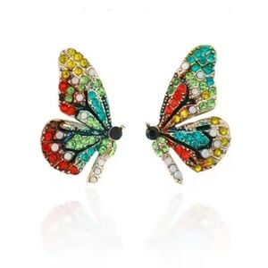 Multi-colored crystal butterfly stud earrings; nwot